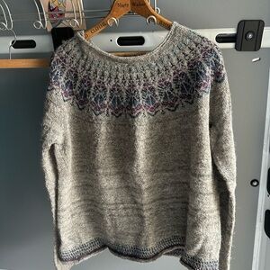 Hand-Knit Fair Isle Yoke Crewneck Sweater - Gray with Purple & Blue Accents